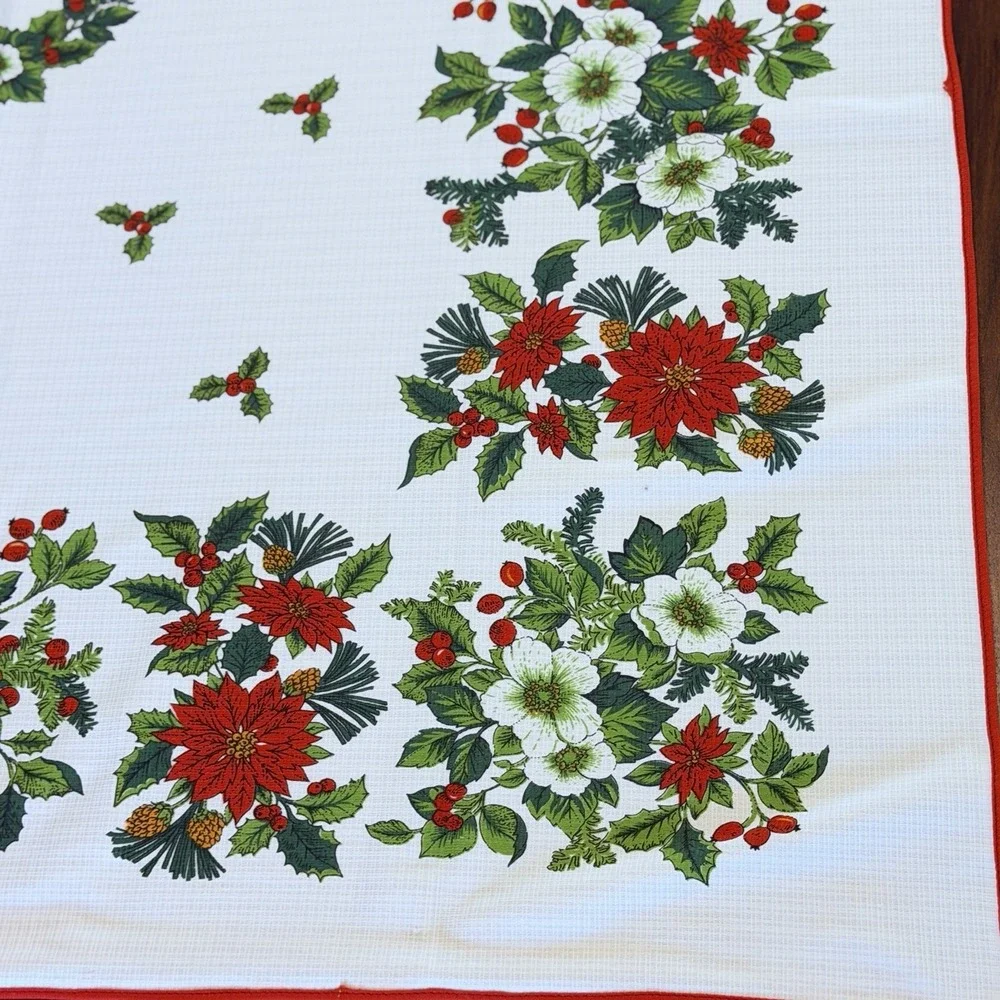 VTG Christmas Tablecloth 54x65 Poinsettia Holly Wreath Floral Holiday Red White